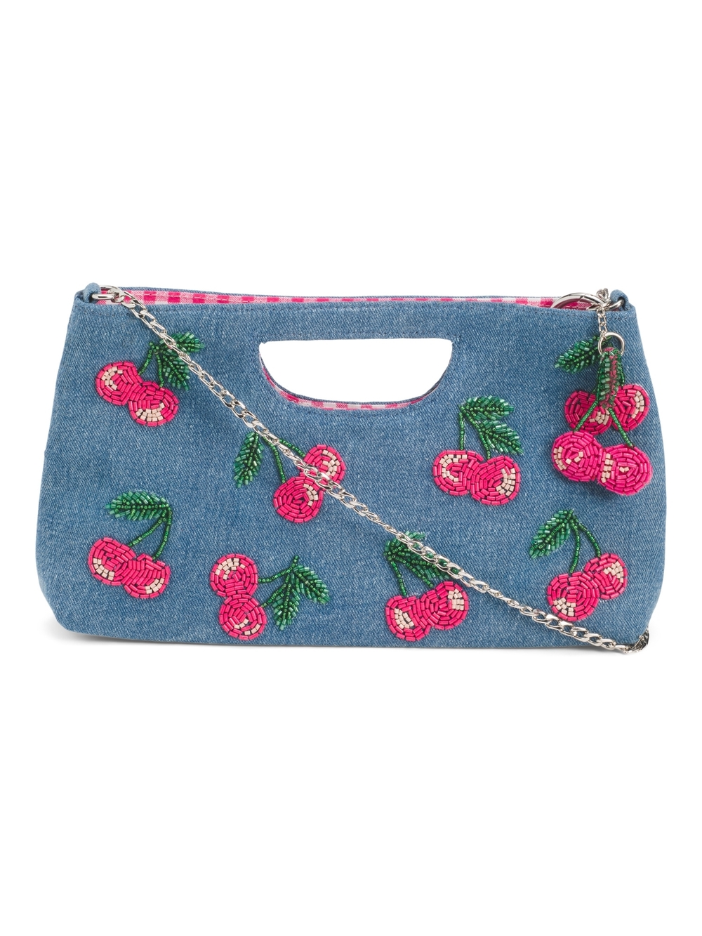 Cherry-Embroidered Denim Clutch with Chain Strap - Pink/Blue